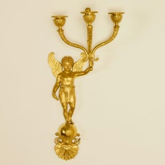 Pair of French Early 19th Century Empire Gilt Bronze Putto Wall Lights