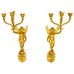 Pair of French Early 19th Century Empire Gilt Bronze Putto Wall Lights