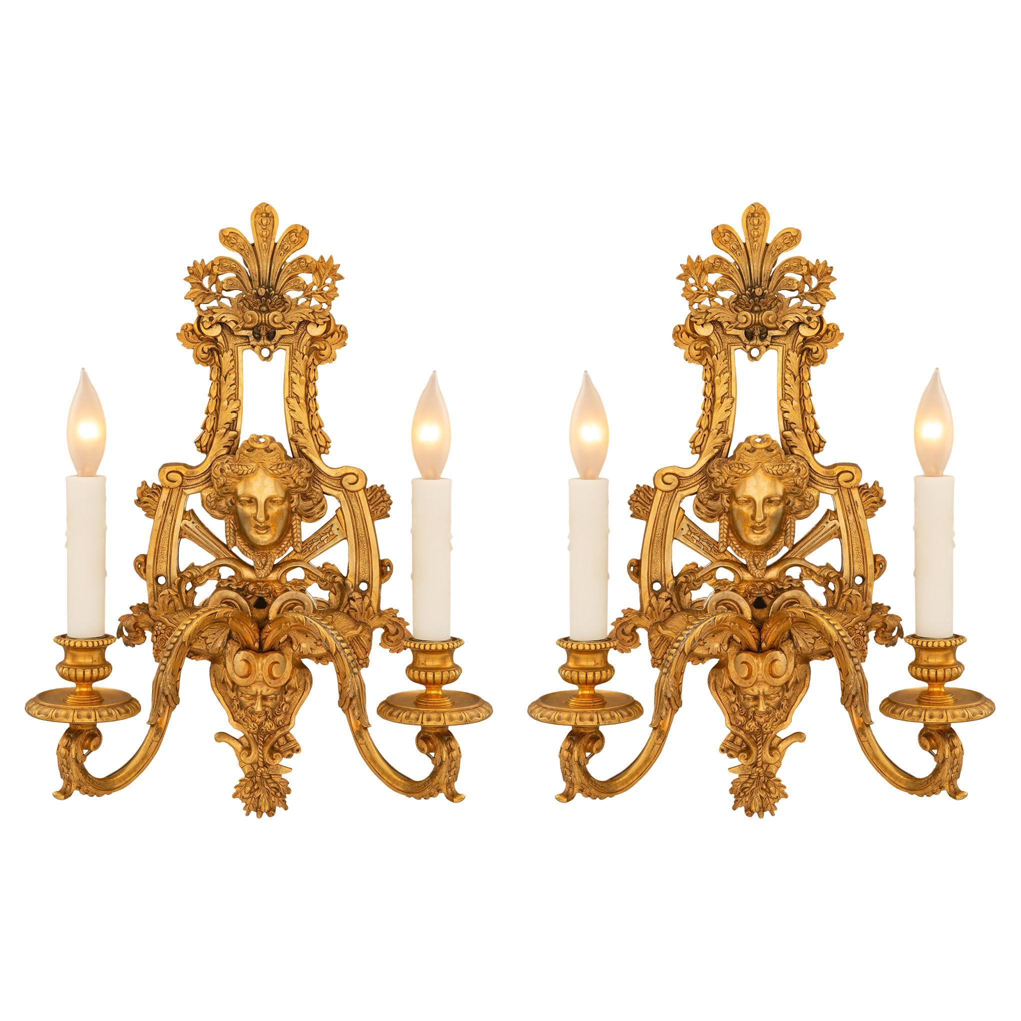 Pair of French Early 19th Century Louis XIV St. Ormolu Sconces For Sale