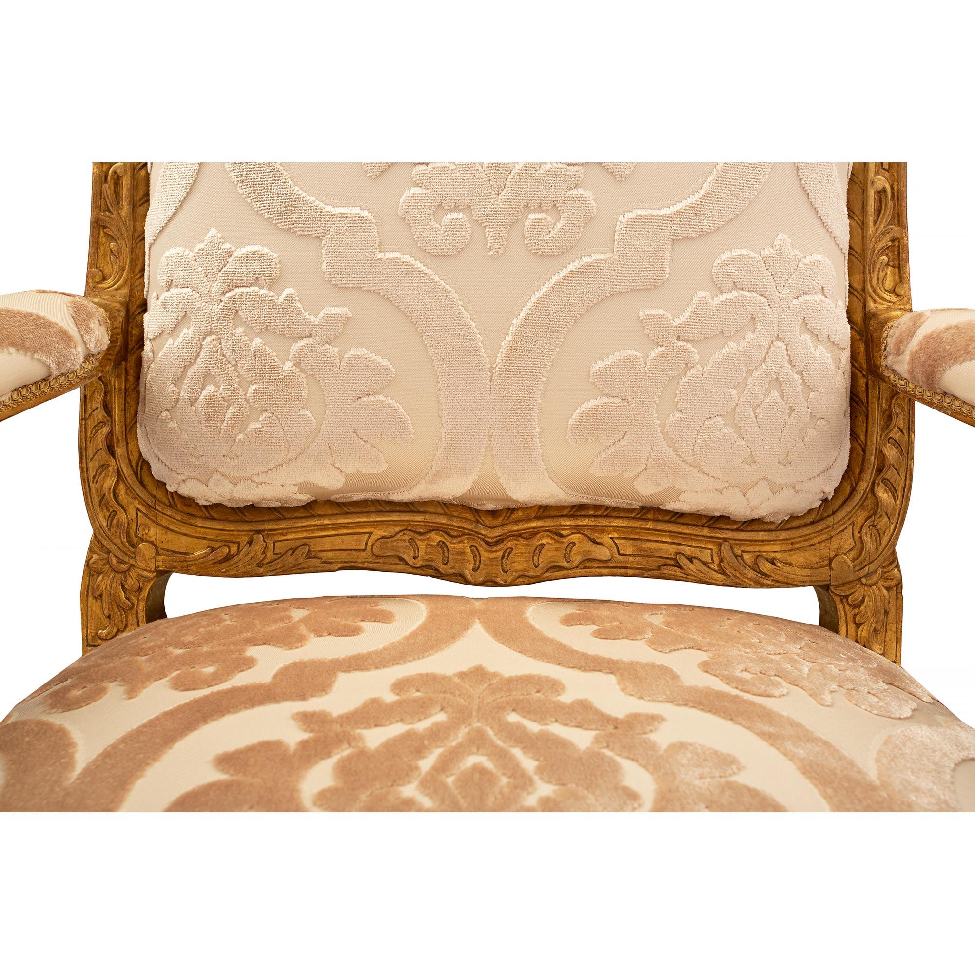Pair of French Early 19th Century Louis XV St. Giltwood Armchairs For Sale 4