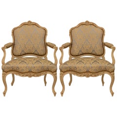 Pair Of French Early 19th Century Louis XV St. Patinated Wood Armchairs