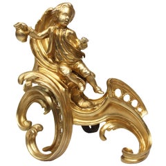 Pair of French Early 19th Century Louis XV Style Gilt Bronze Andirons Chenets