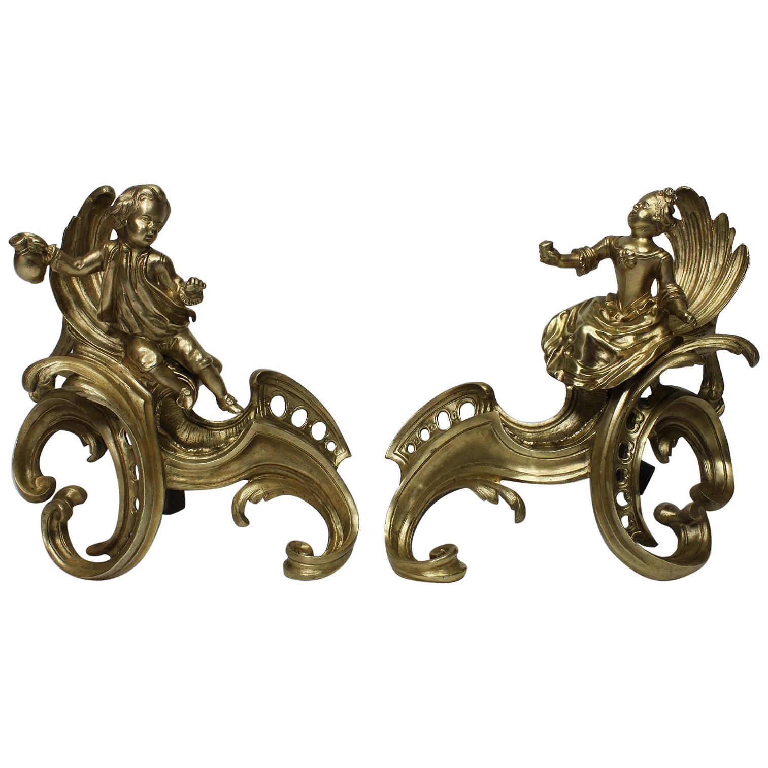 Pair of French Early 19th Century Louis XV Style Gilt-Bronze Andirons Chenets