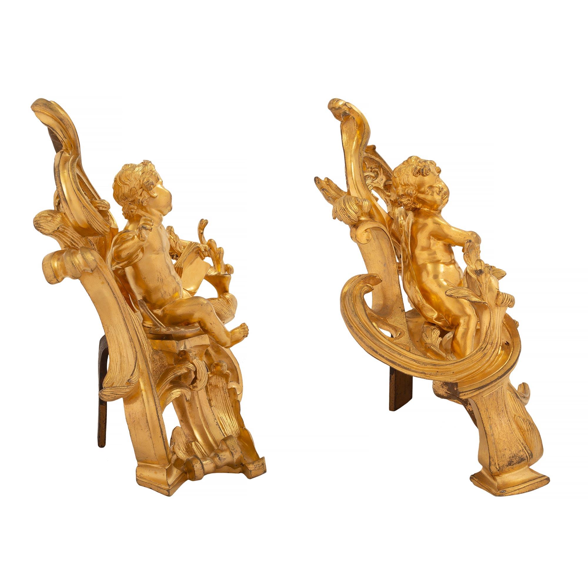 Pair of French Early 19th Century Louis XV Style Ormolu Andirons In Good Condition For Sale In West Palm Beach, FL