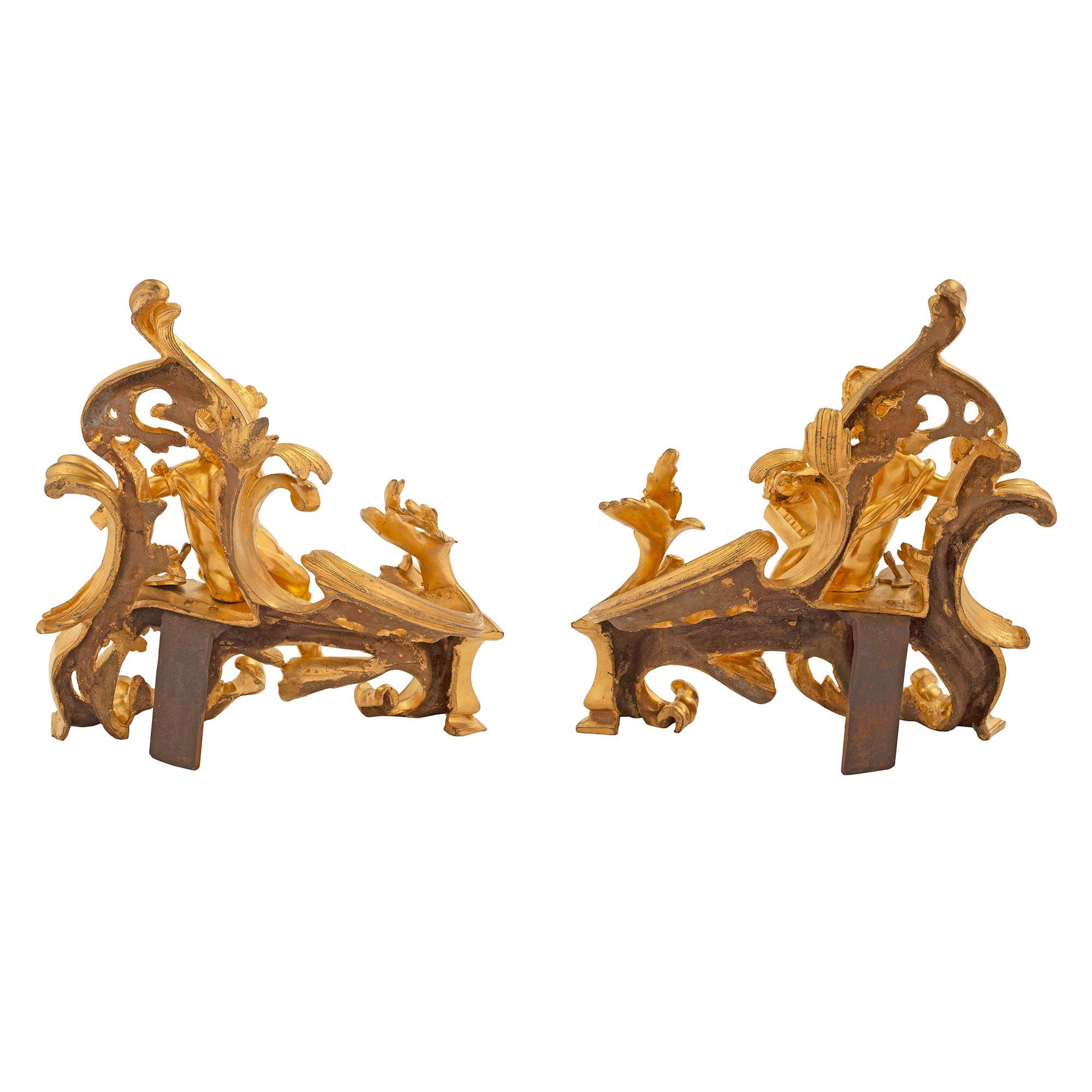 Pair of French Early 19th Century Louis XV Style Ormolu Andirons For Sale 5