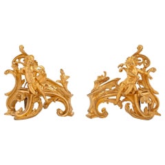 Antique Pair of French Early 19th Century Louis XV Style Ormolu Andirons