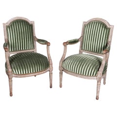 Pair of French Early 19th Century Louis XVI Fauteuil Armchairs, Upholstered 
