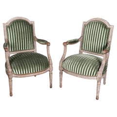 Pair of French Early 19th Century Louis XVI Fauteuil Armchairs, Upholstered