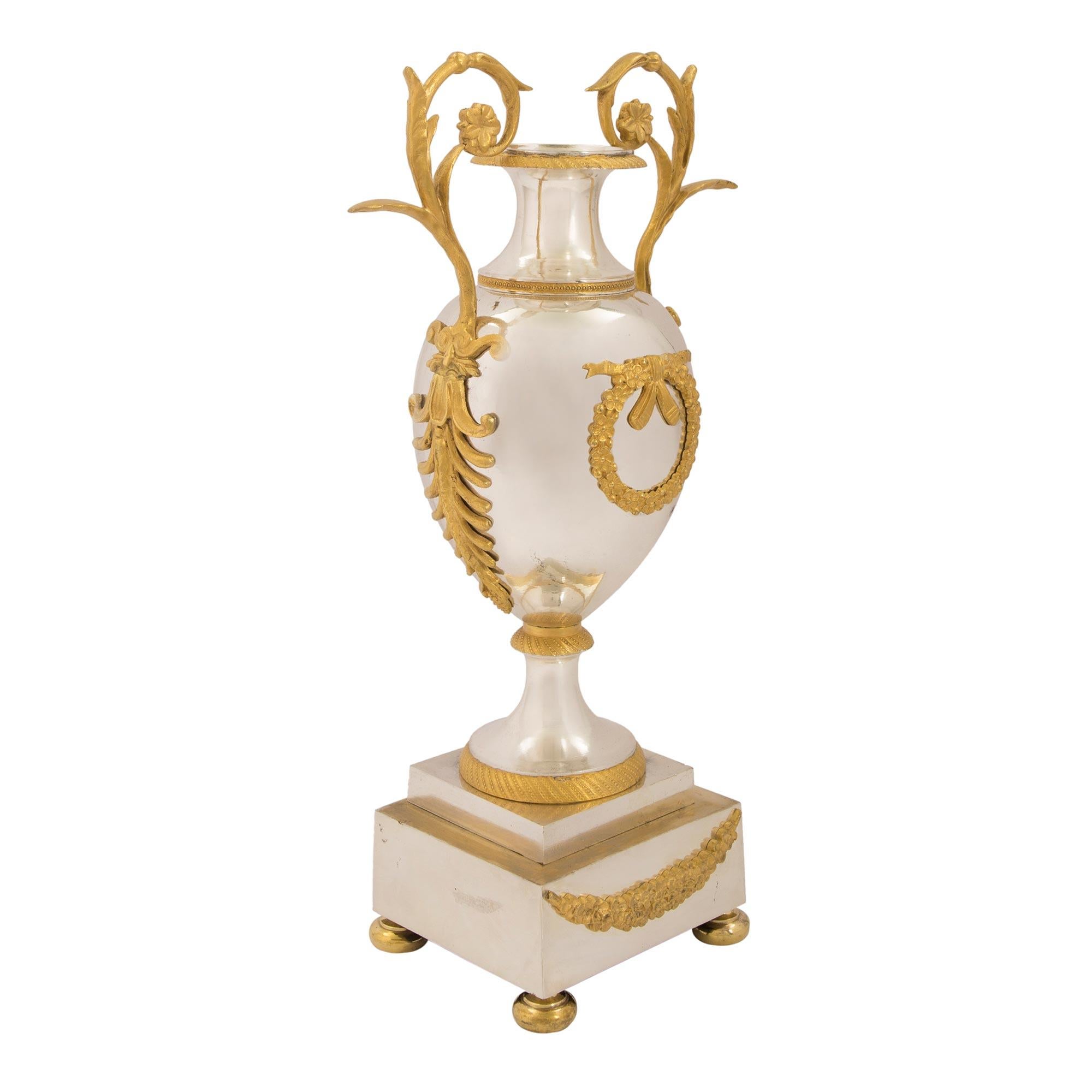Silvered Pair of French Early 19th Century Neoclassical Style Ormolu and Bronze Urns For Sale