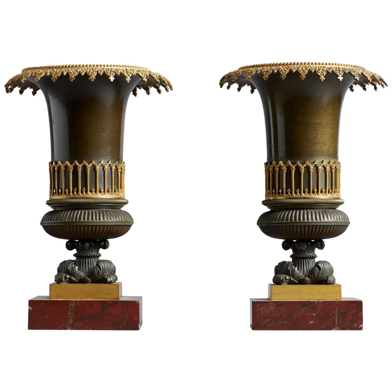 Pair of French Early 19th Century Restauration Gothic Revival Bronze Urns Vases For Sale