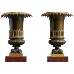 Antique Pair of French Early 19th Century Restauration Gothic Revival Bronze Urns Vases