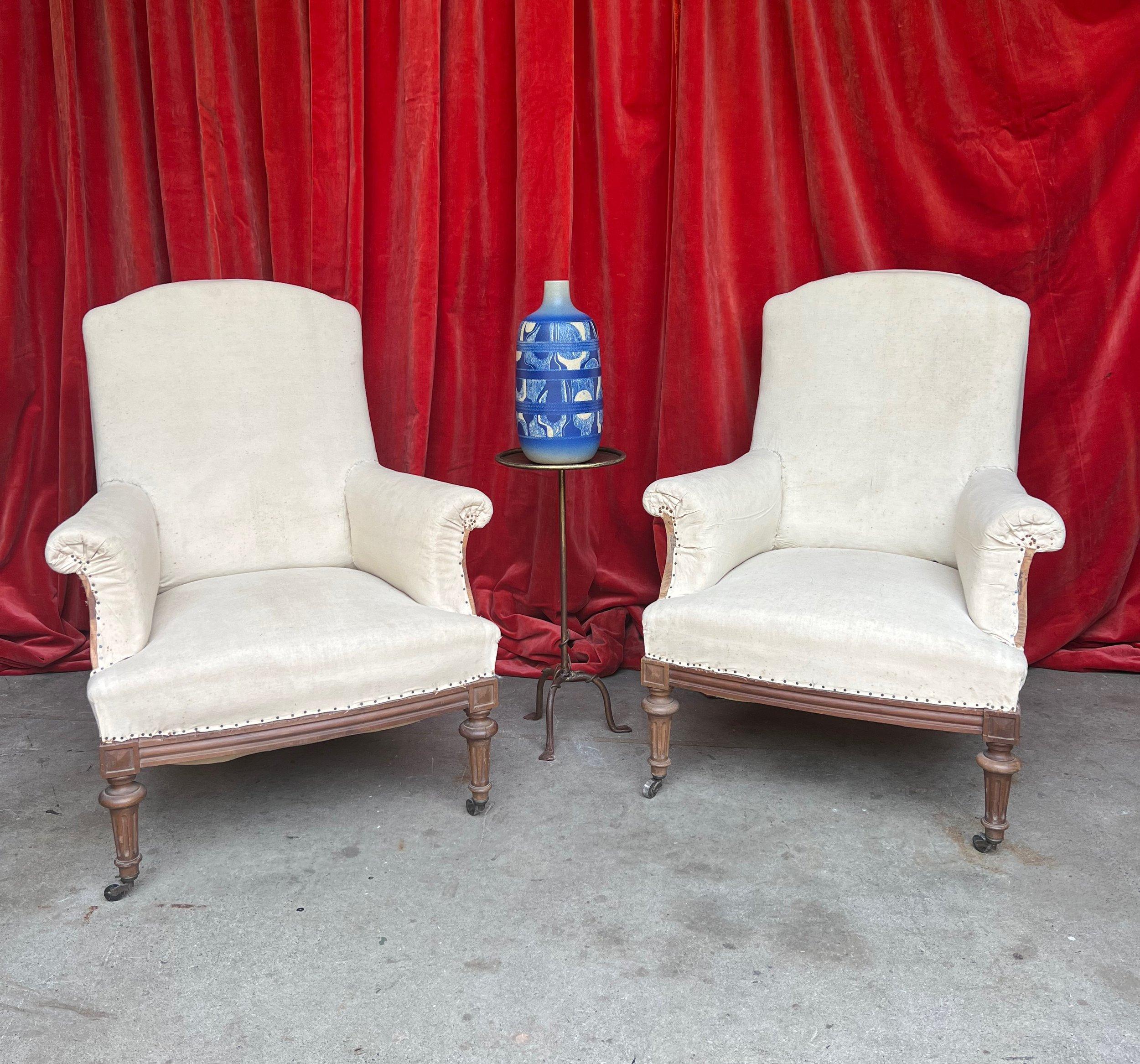 Napoleon III Pair of French Early 20th Century Armchairs with Exposed Wood Frames