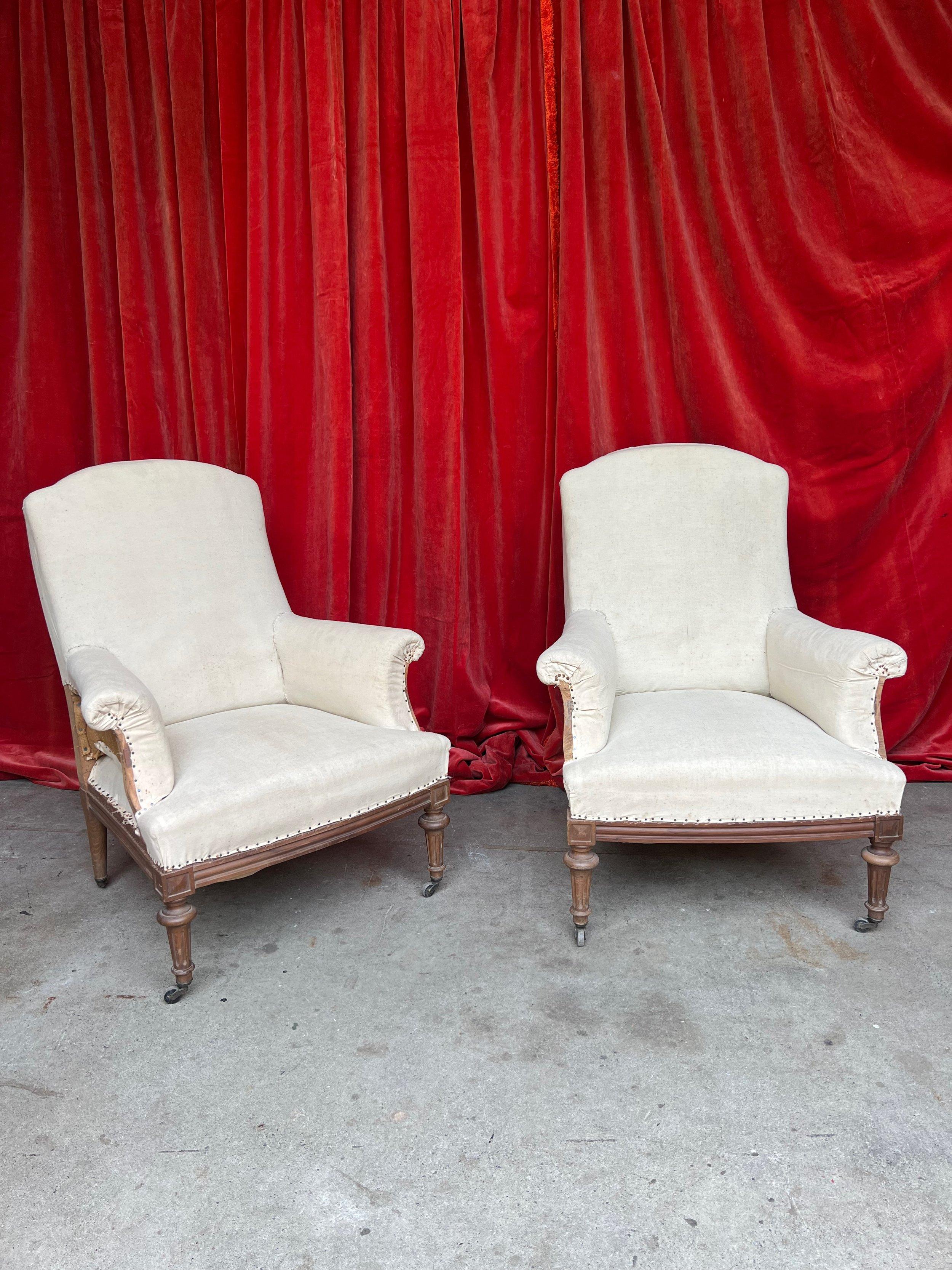 Pair of French Early 20th Century Armchairs with Exposed Wood Frames 4
