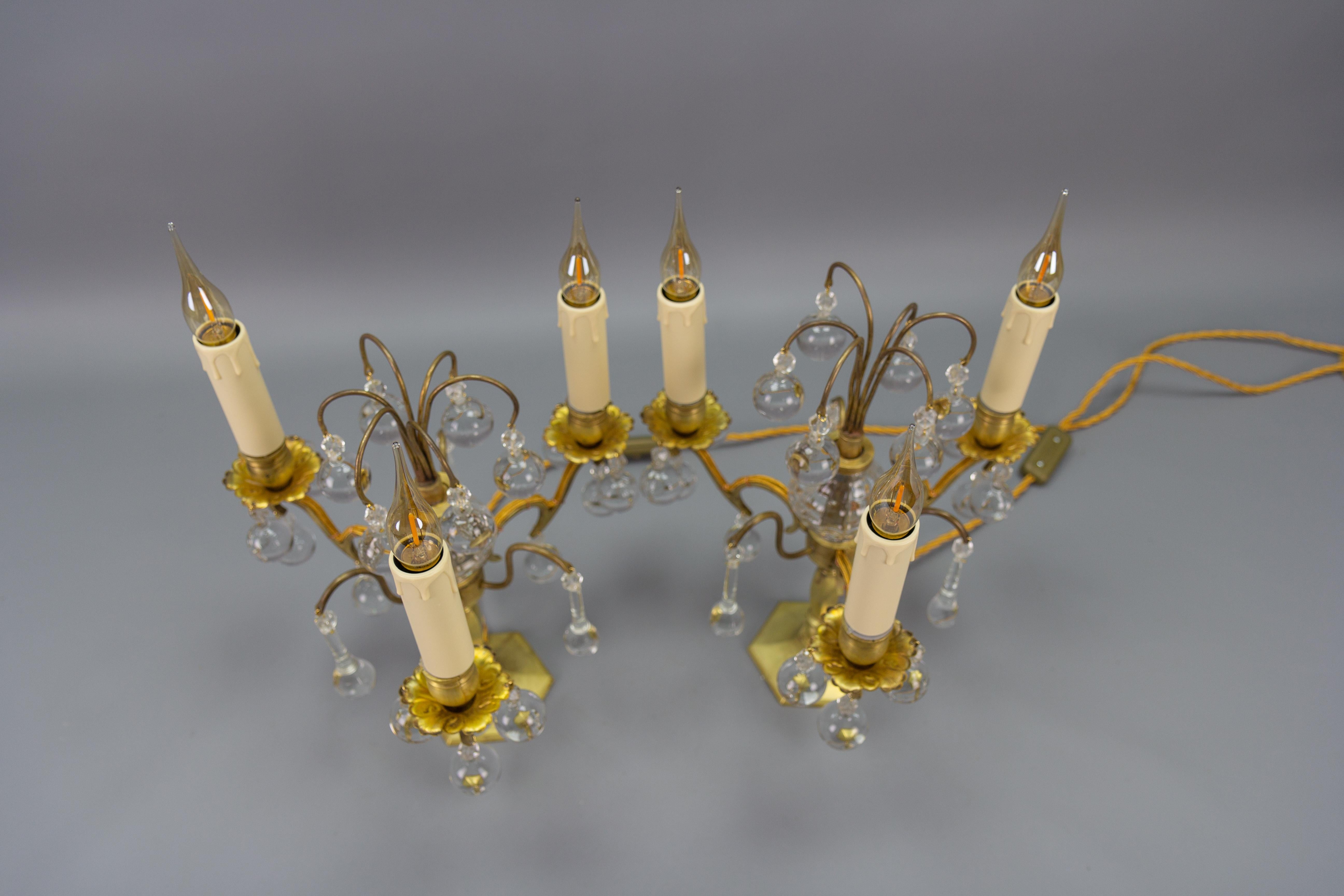 Pair of French Early 20th Century Brass and Crystal Girandoles Table Lamps For Sale 7