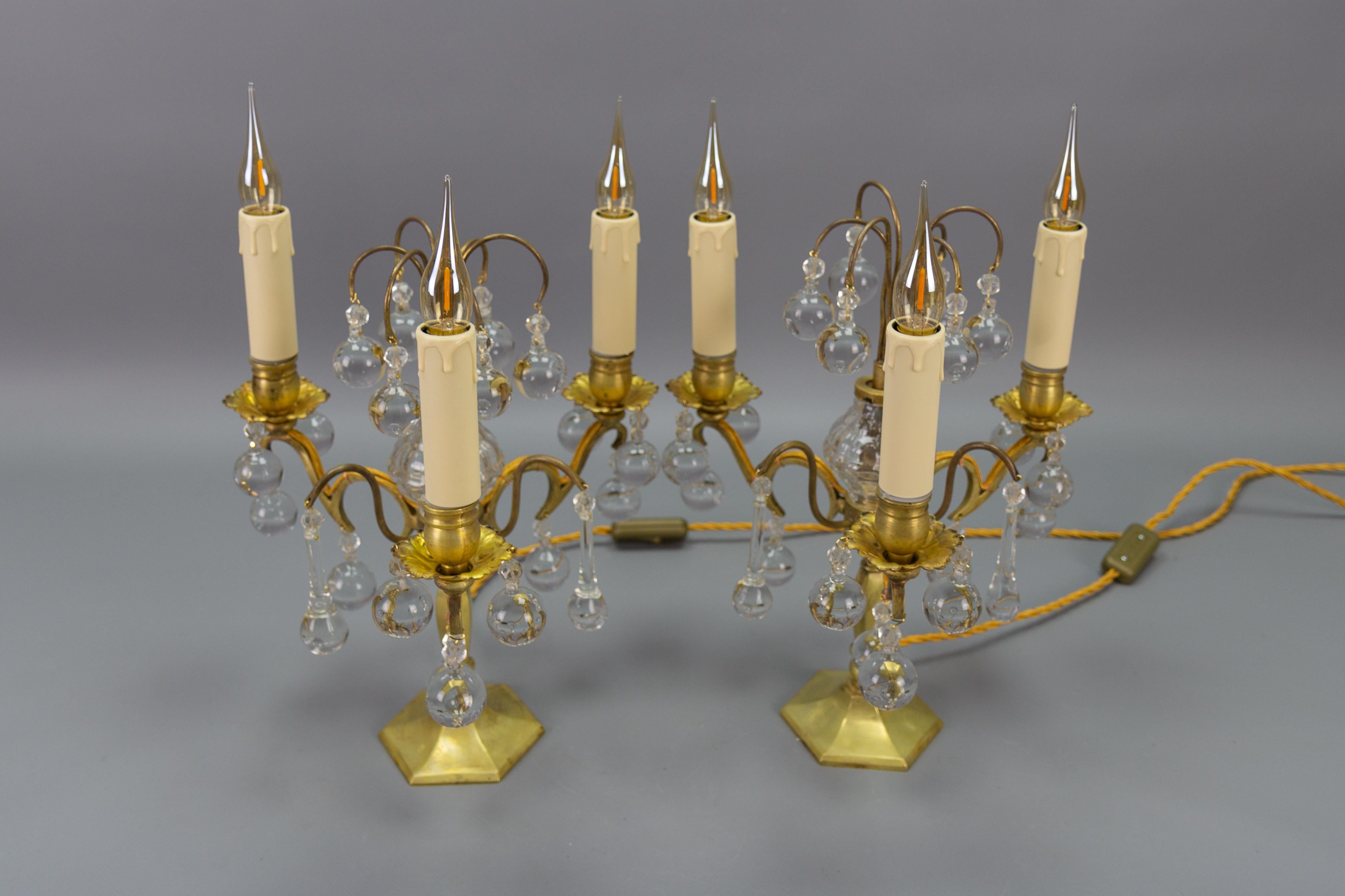Pair of French Early 20th Century Brass and Crystal Girandoles Table Lamps For Sale 8