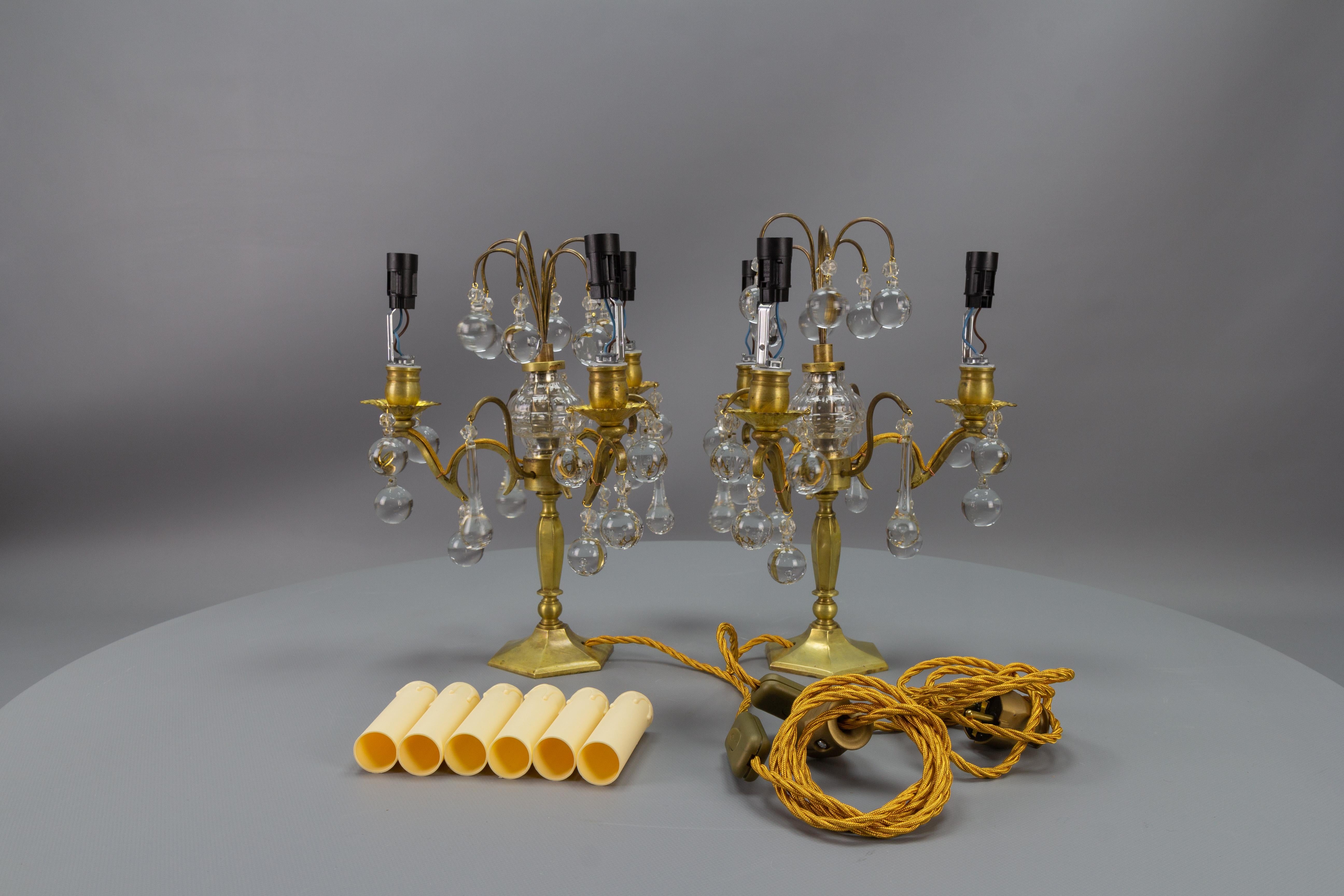 Pair of French Early 20th Century Brass and Crystal Girandoles Table Lamps For Sale 10
