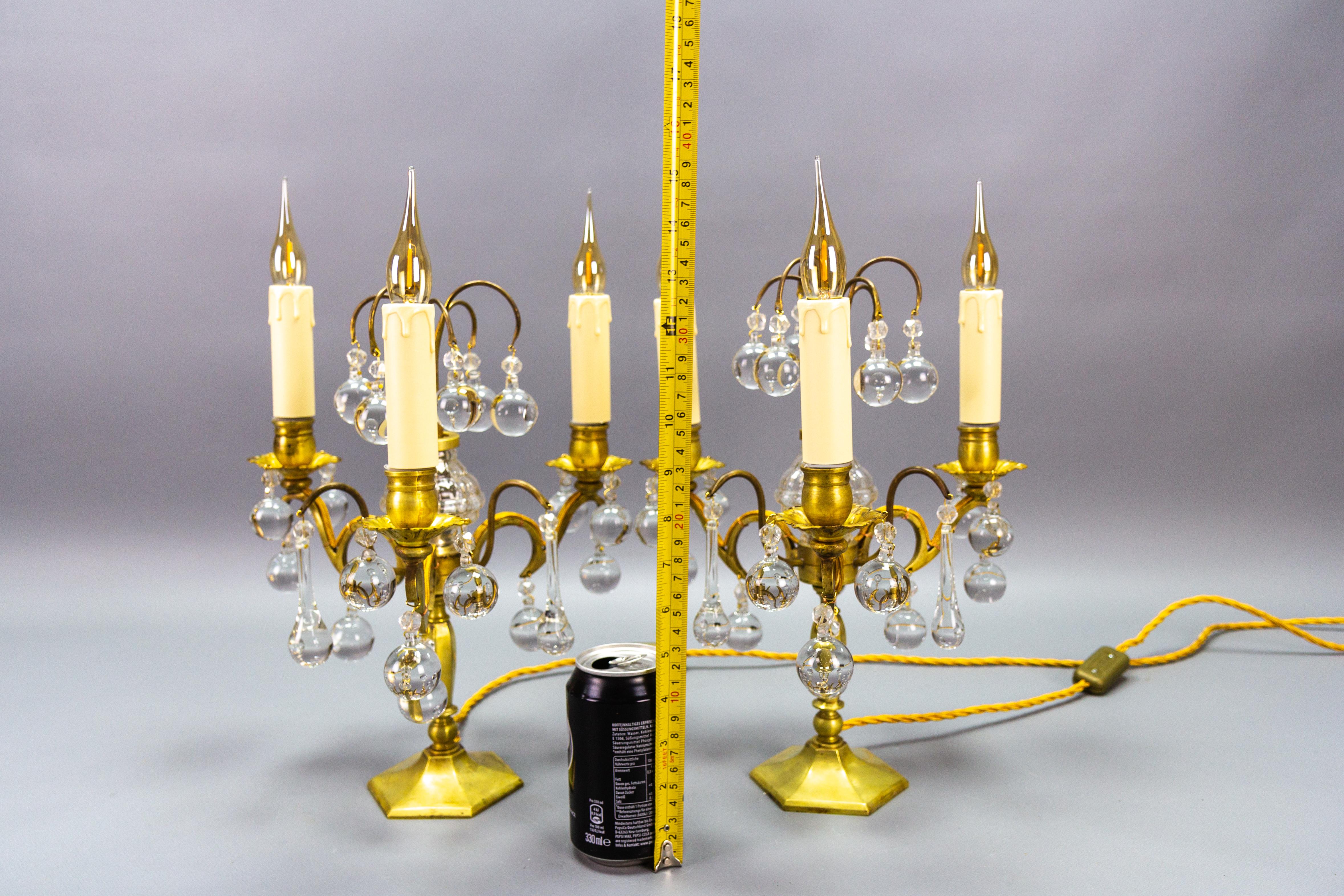 Pair of French Early 20th Century Brass and Crystal Girandoles Table Lamps For Sale 11