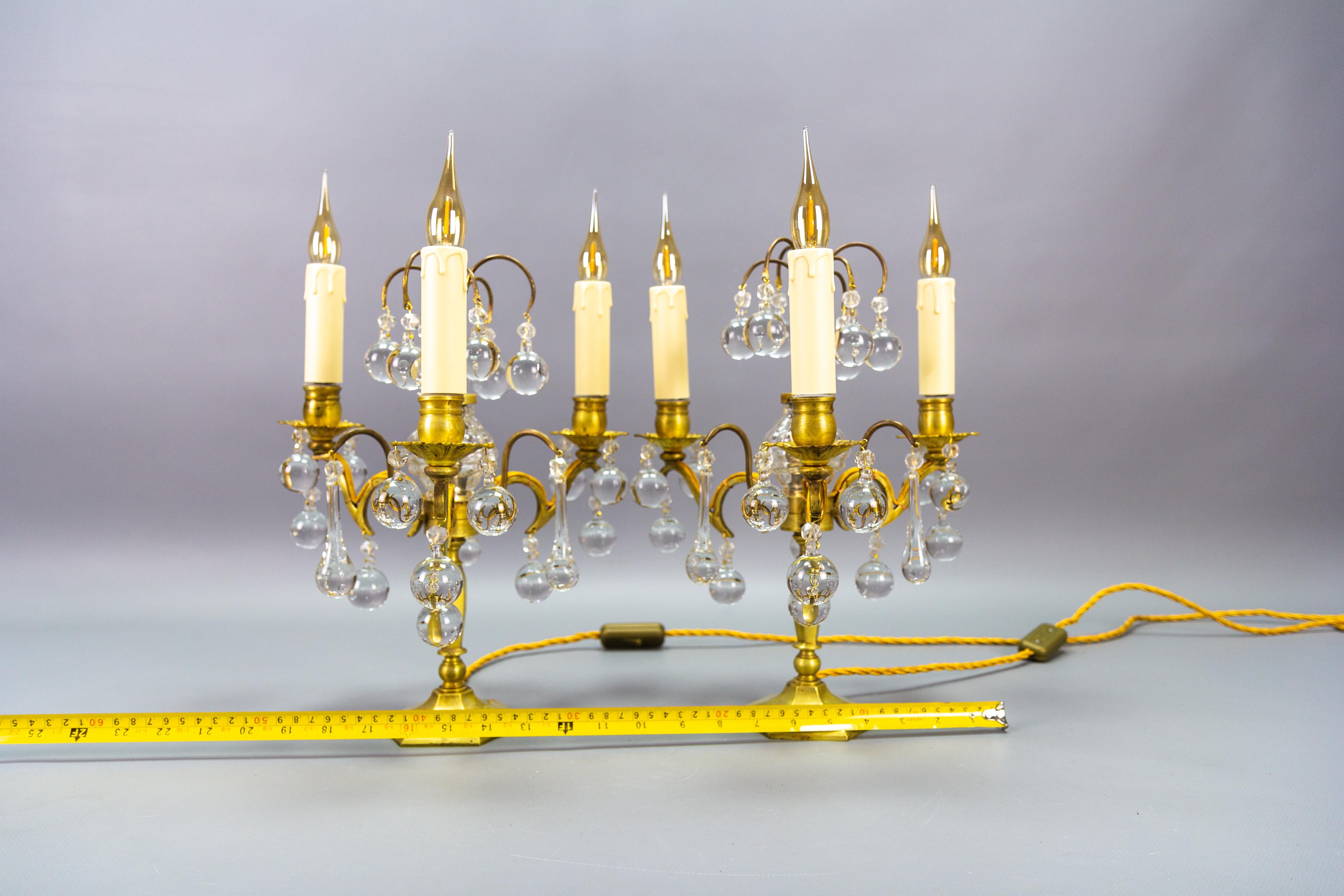 Pair of French Early 20th Century Brass and Crystal Girandoles Table Lamps For Sale 12
