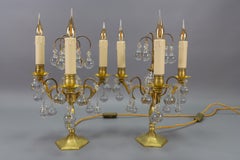Pair of French Early 20th Century Brass and Crystal Girandoles Table Lamps