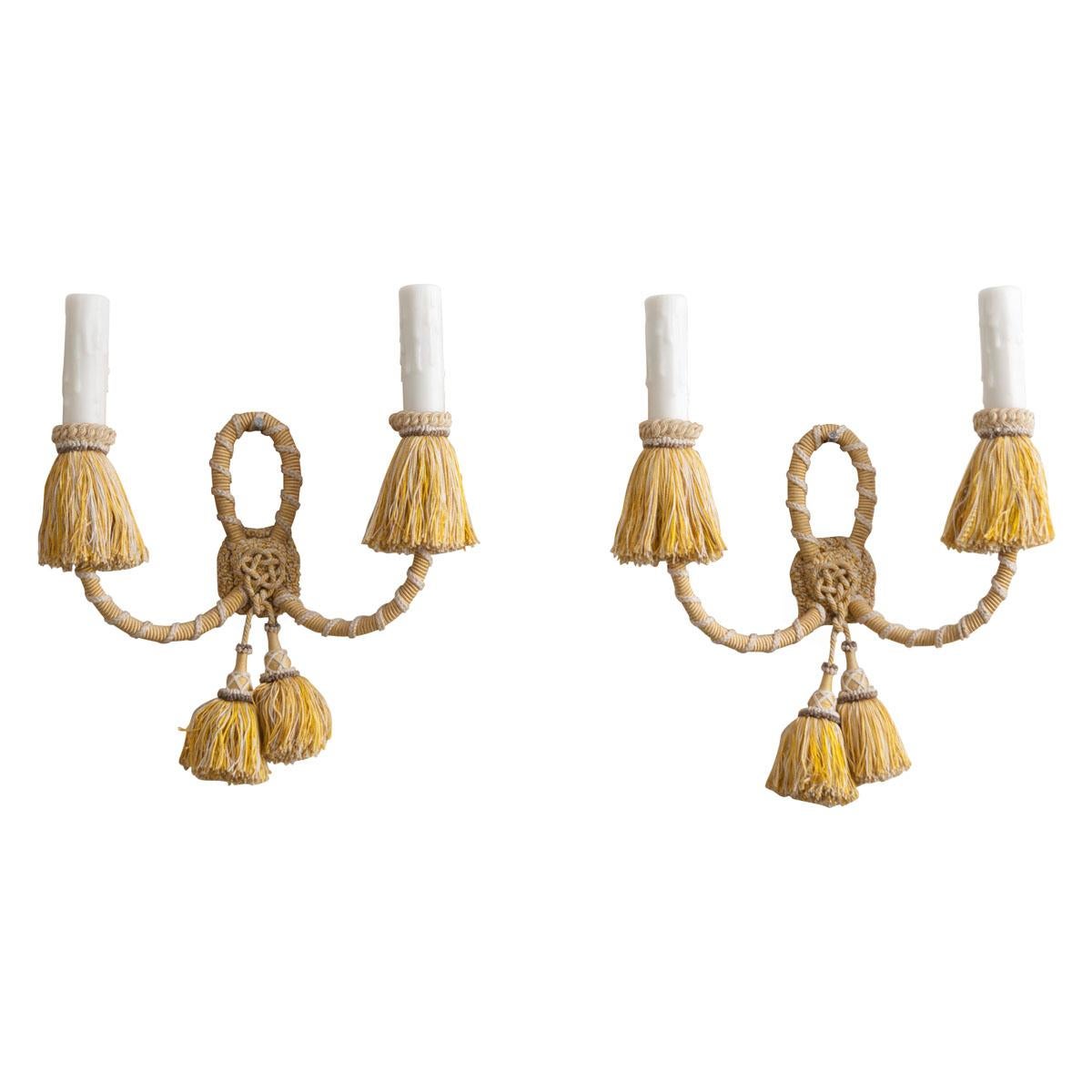 Pair of French Early 20th Century Corded and Tasselated Two-Light Sconces