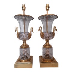 French Early 20th Century Cut Crystal & Bronze Lamps, Swan Neck Handles, 1920