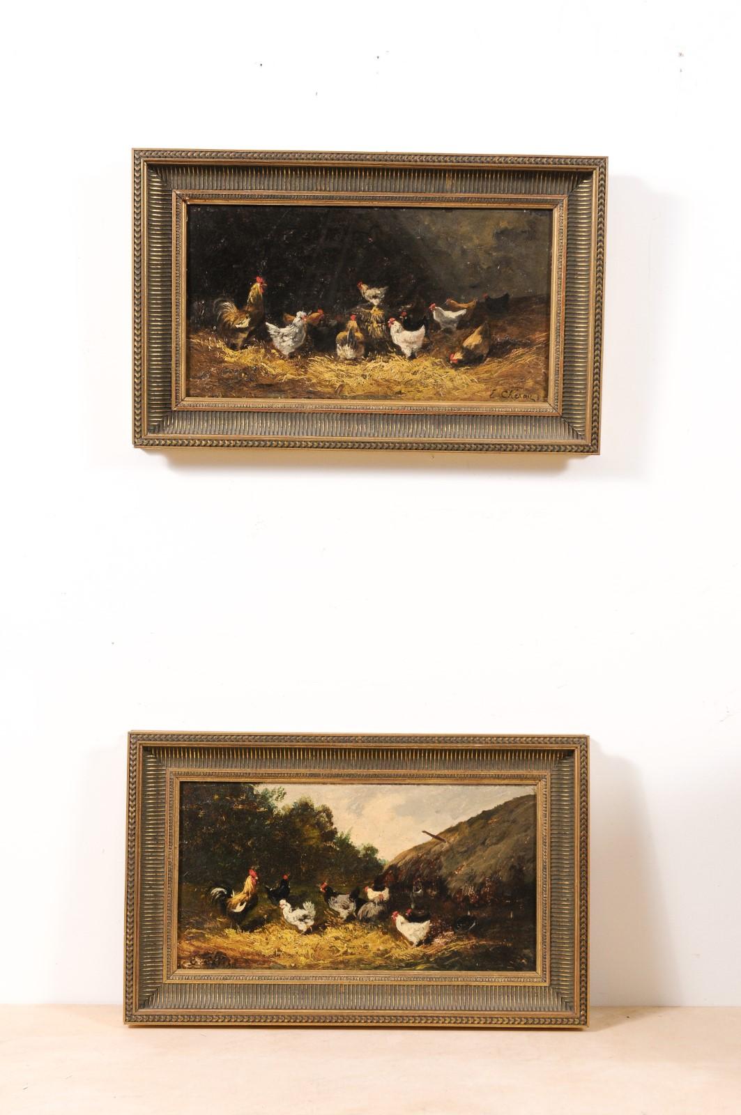 Pair of French Early 20th Century Oil on Board Paintings Depicting Chickens 5