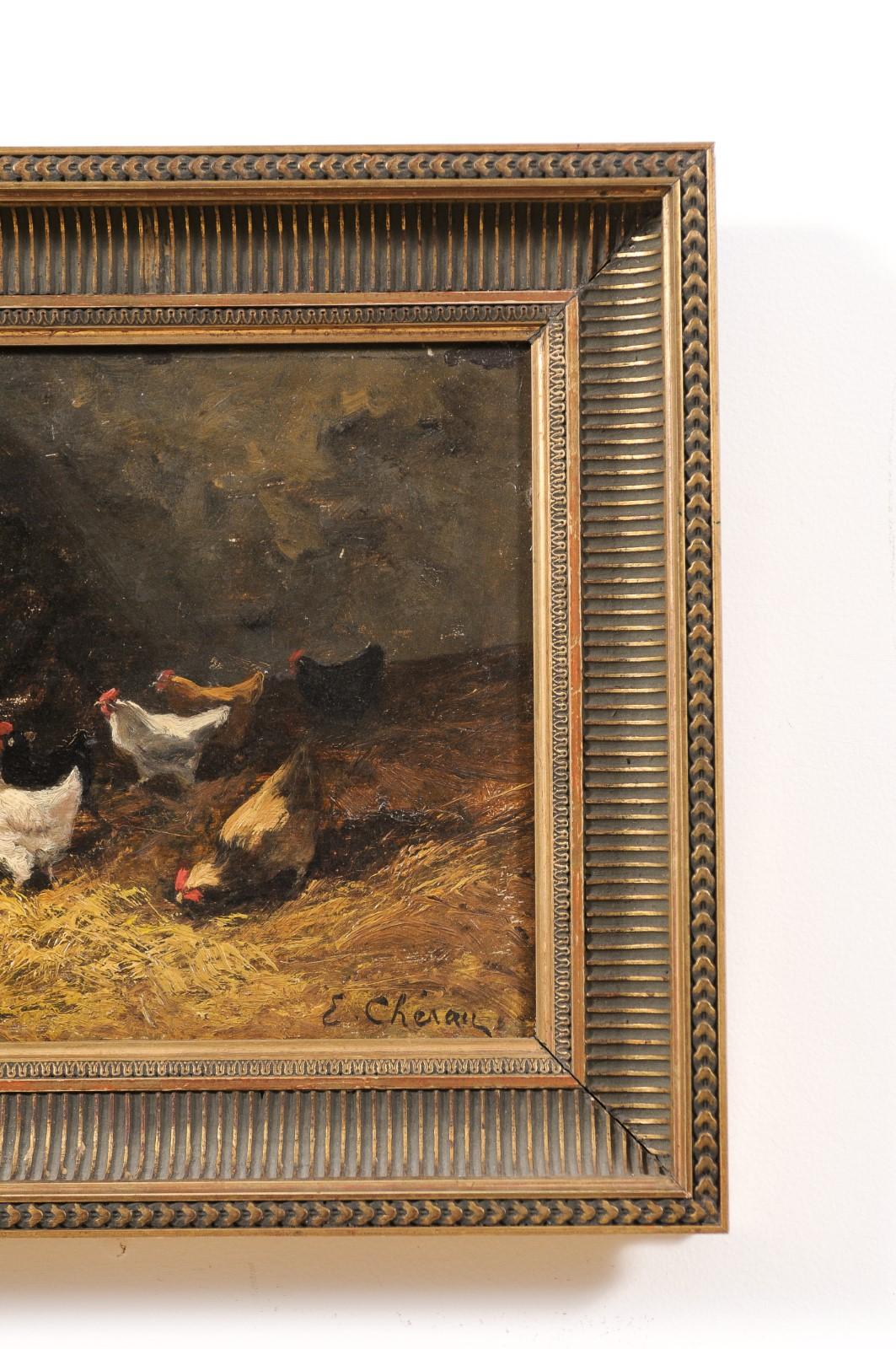 Pair of French Early 20th Century Oil on Board Paintings Depicting Chickens 6