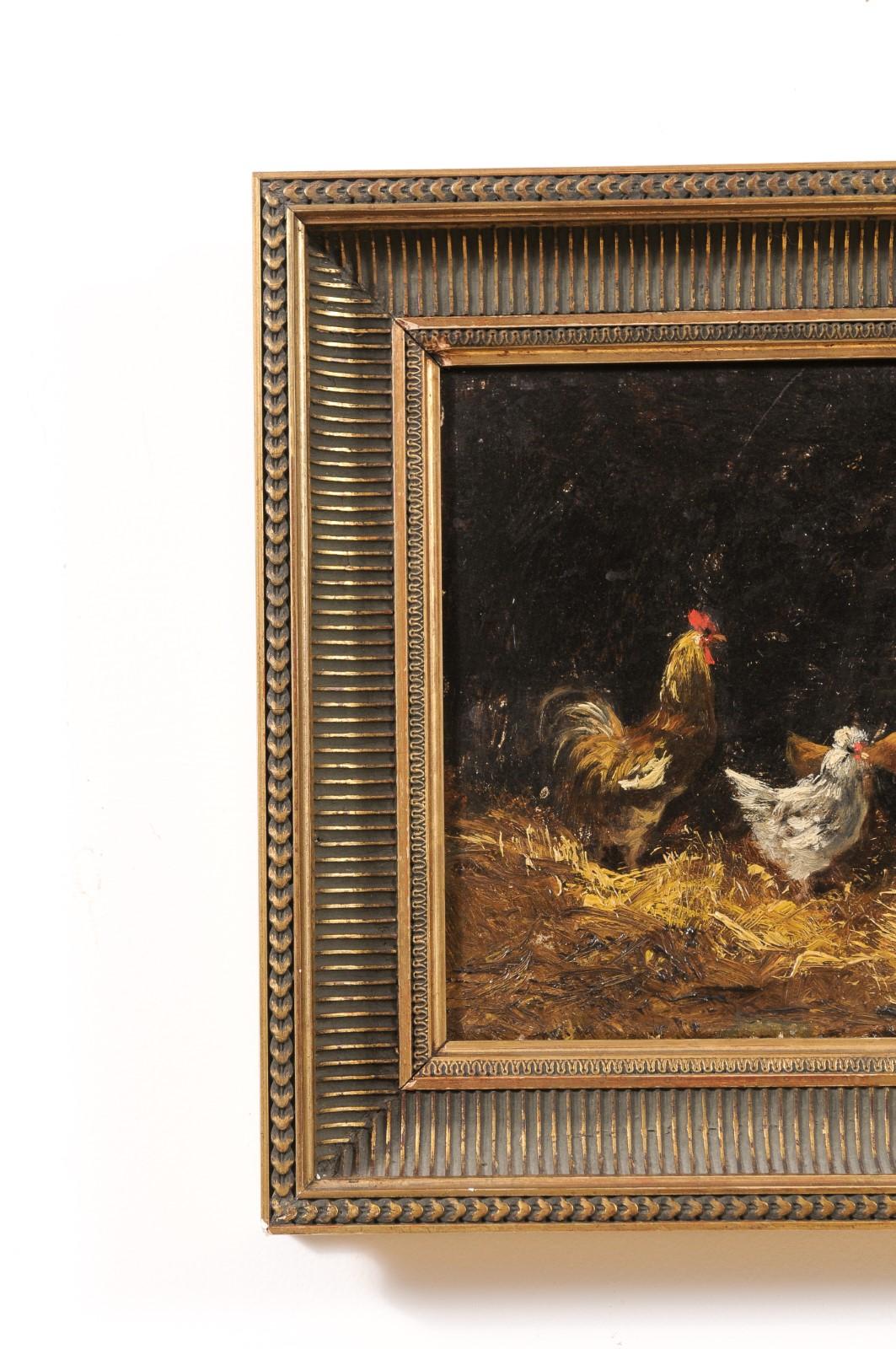 Pair of French Early 20th Century Oil on Board Paintings Depicting Chickens 7