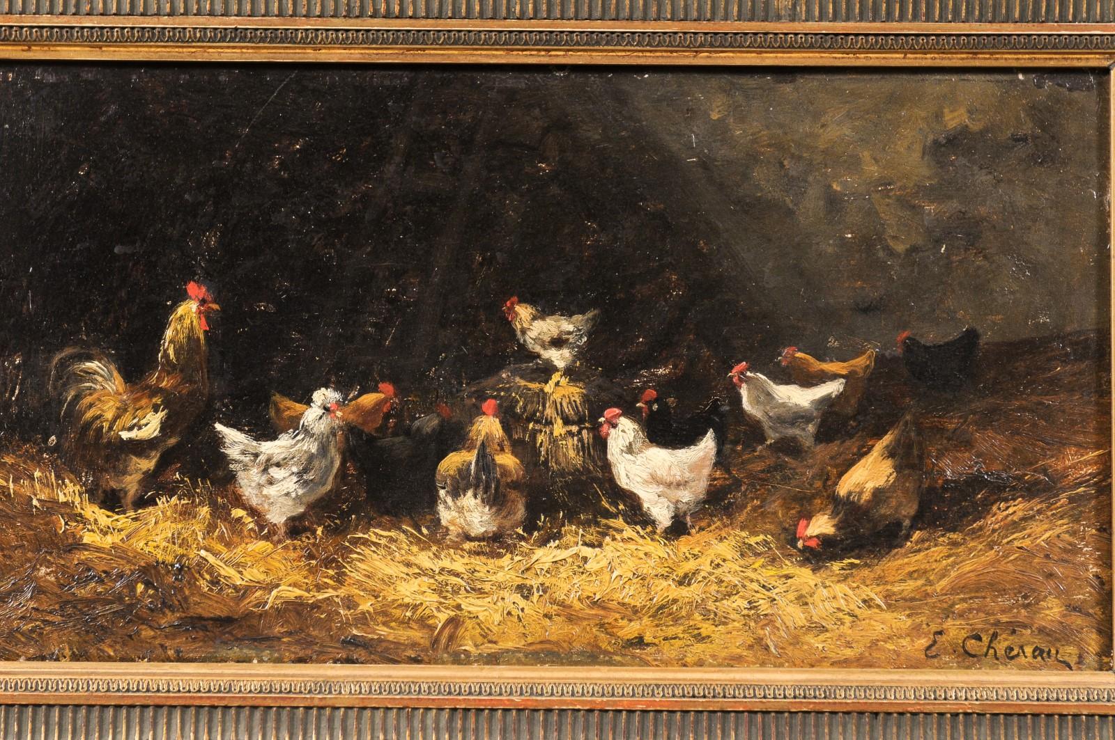 Pair of French Early 20th Century Oil on Board Paintings Depicting Chickens 8