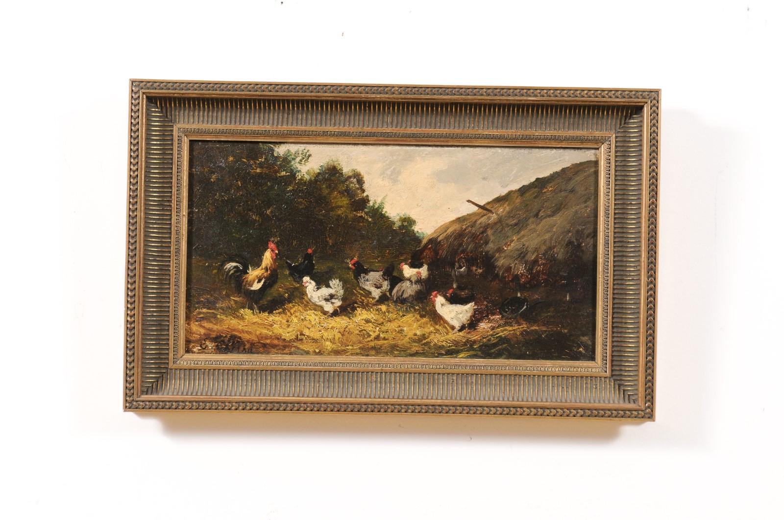Pair of French Early 20th Century Oil on Board Paintings Depicting Chickens 9
