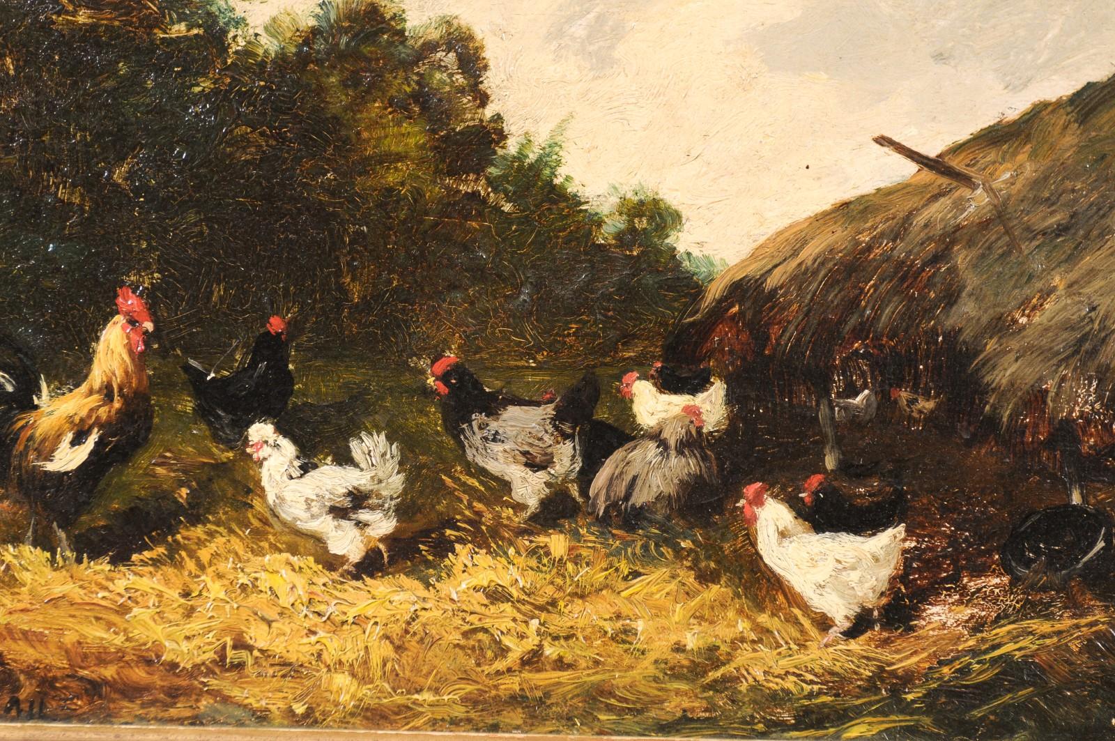 Pair of French Early 20th Century Oil on Board Paintings Depicting Chickens 11