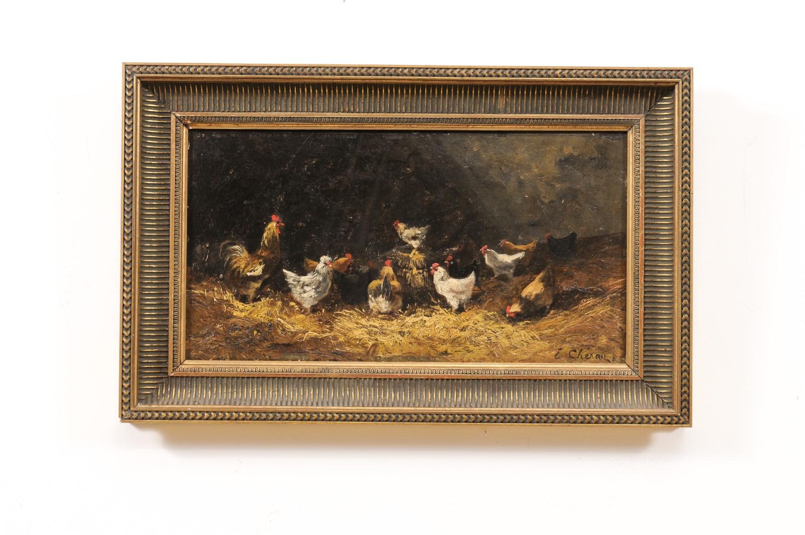 Carved Pair of French Early 20th Century Oil on Board Paintings Depicting Chickens