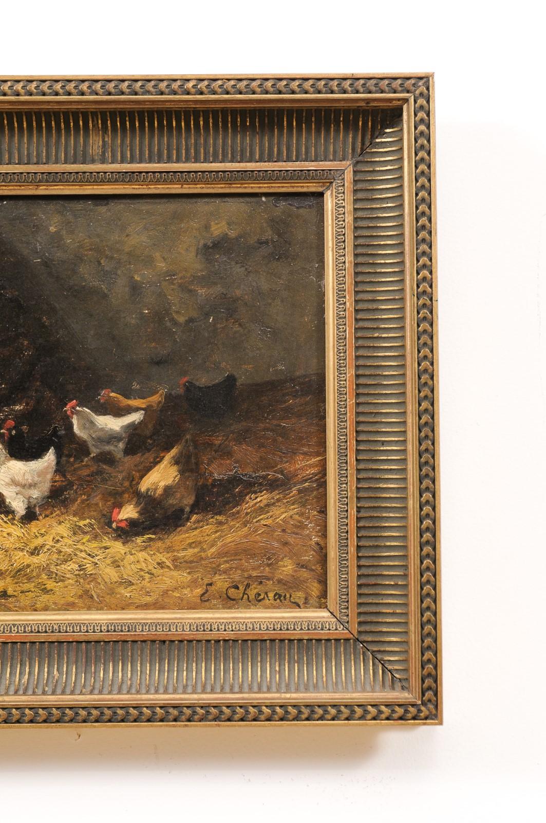 Pair of French Early 20th Century Oil on Board Paintings Depicting Chickens In Good Condition In Atlanta, GA