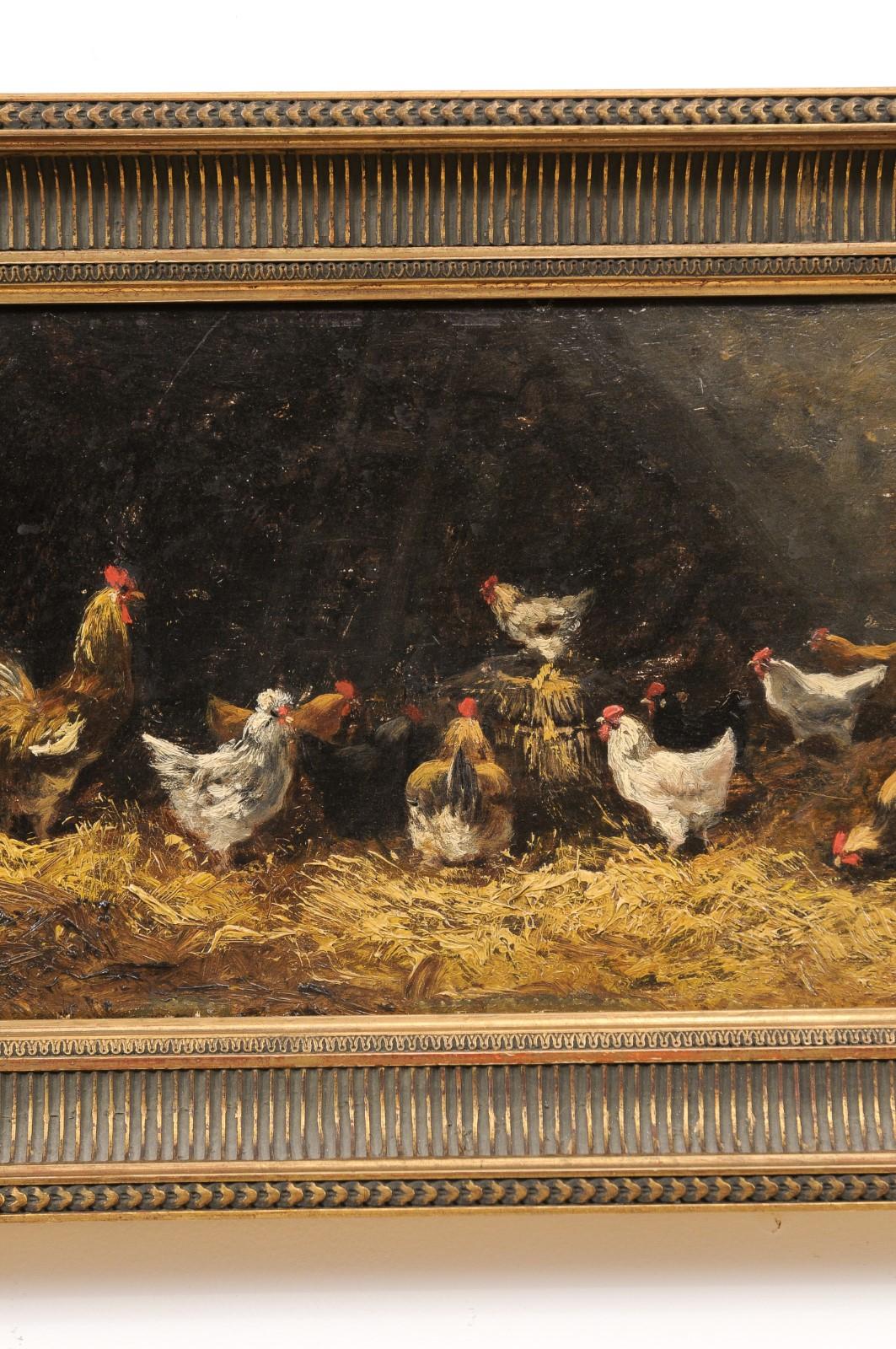 Wood Pair of French Early 20th Century Oil on Board Paintings Depicting Chickens