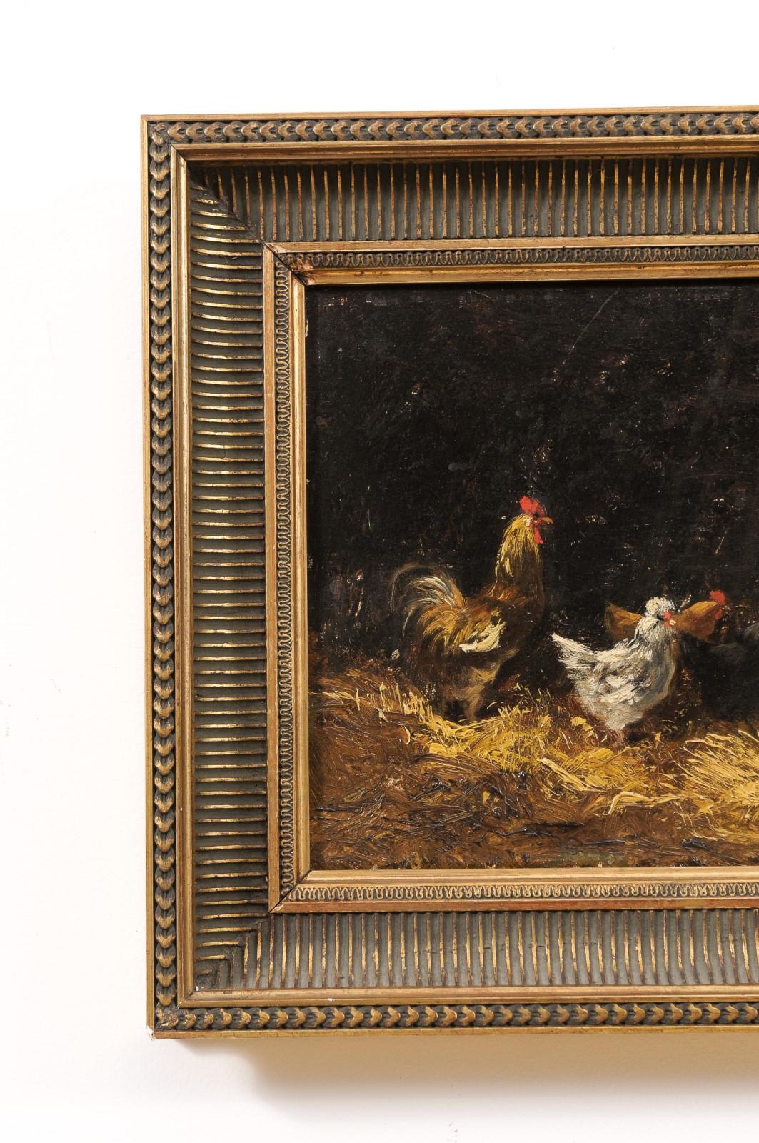 Pair of French Early 20th Century Oil on Board Paintings Depicting Chickens 1