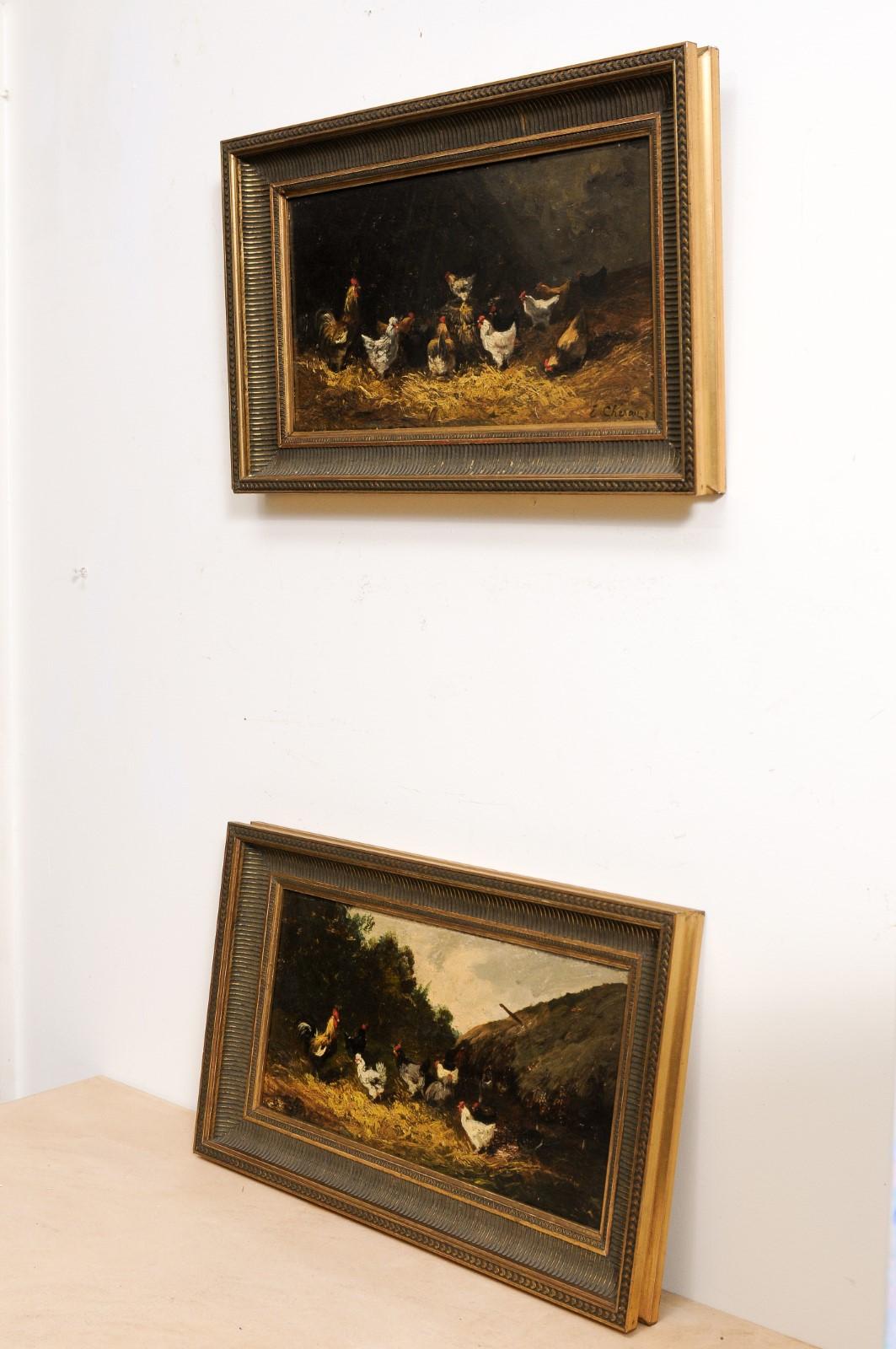 Pair of French Early 20th Century Oil on Board Paintings Depicting Chickens 4