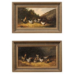 Pair of French Early 20th Century Oil on Board Paintings Depicting Chickens