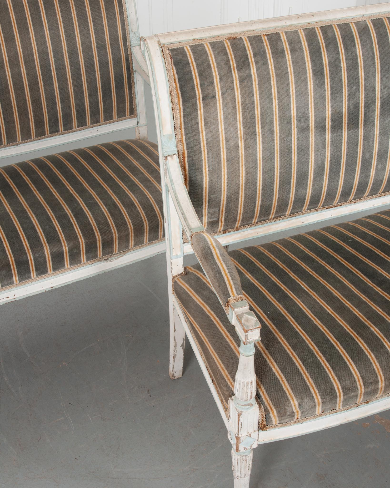 Hand-Painted Pair of French Early 20th Century Painted Directoire-Style Banquettes