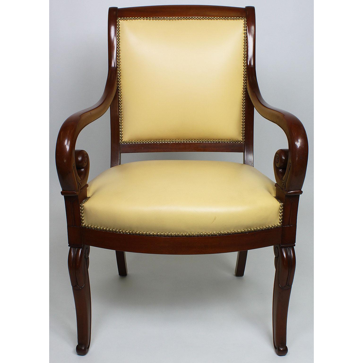 Pair of French Early 20th Century Regency Style Mahogany Carved Armchairs In Good Condition For Sale In Los Angeles, CA