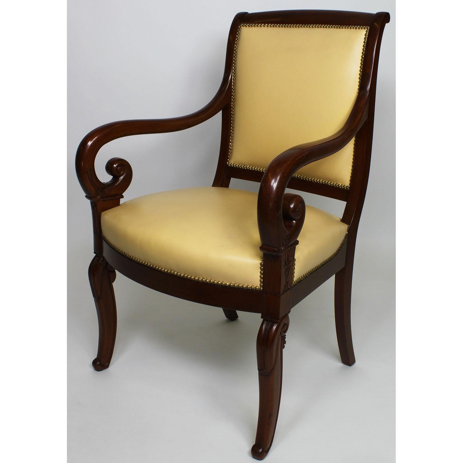 Pair of French Early 20th Century Regency Style Mahogany Carved Armchairs For Sale 1