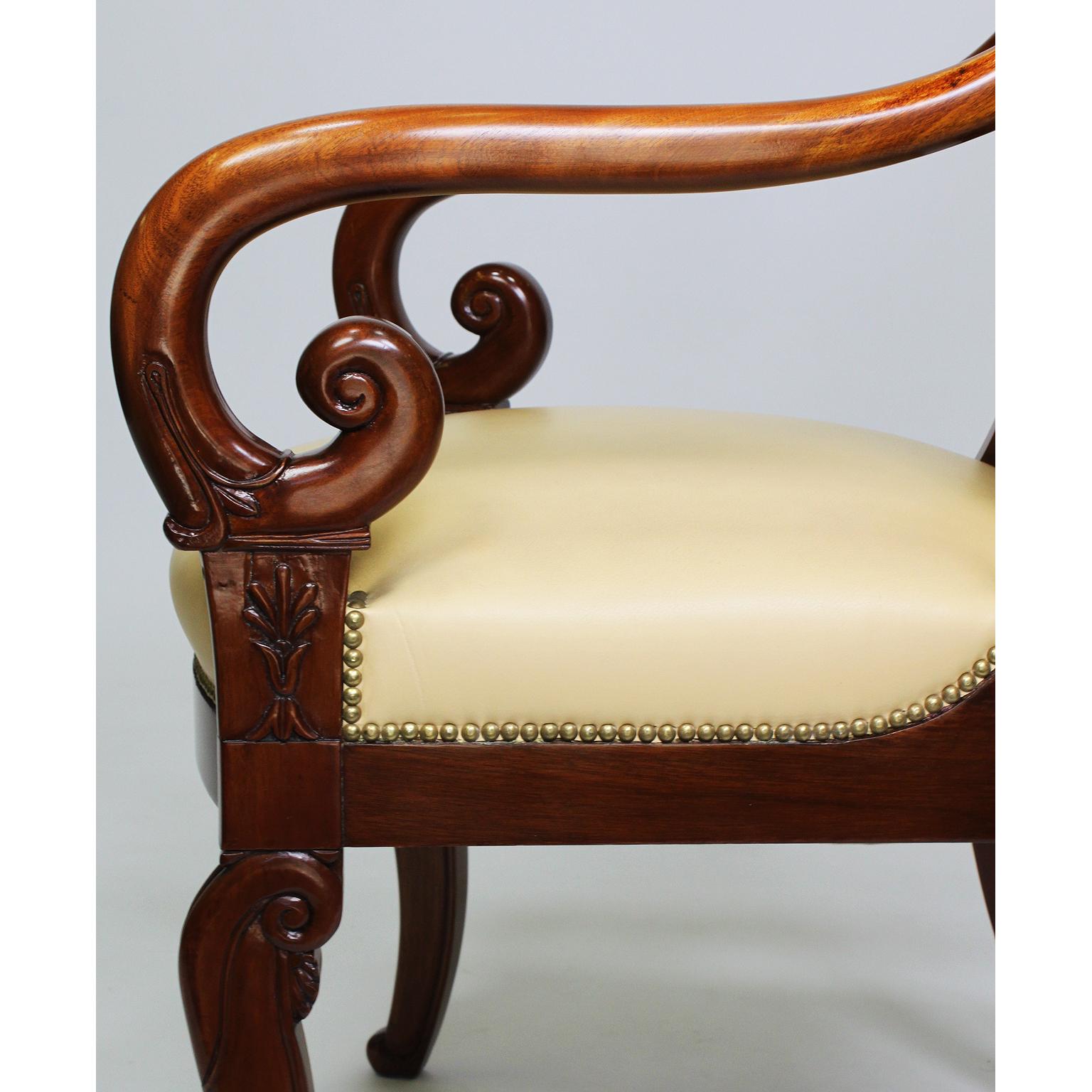 Pair of French Early 20th Century Regency Style Mahogany Carved Armchairs For Sale 4