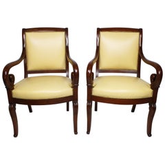 Antique Pair of French Early 20th Century Regency Style Mahogany Carved Armchairs