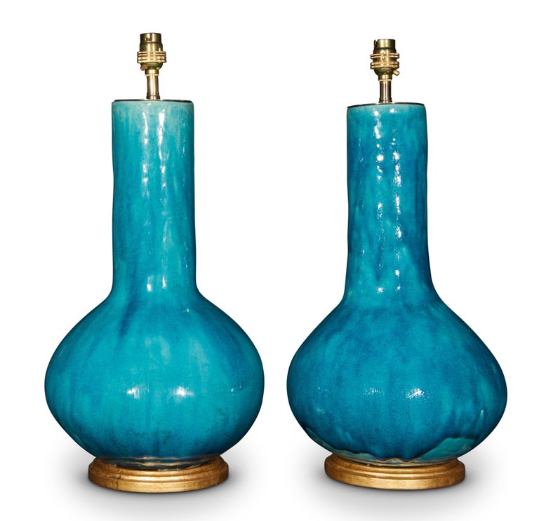 Pair of French Early 20th Century Turquoise Glaze Porcelain Table Lamps
