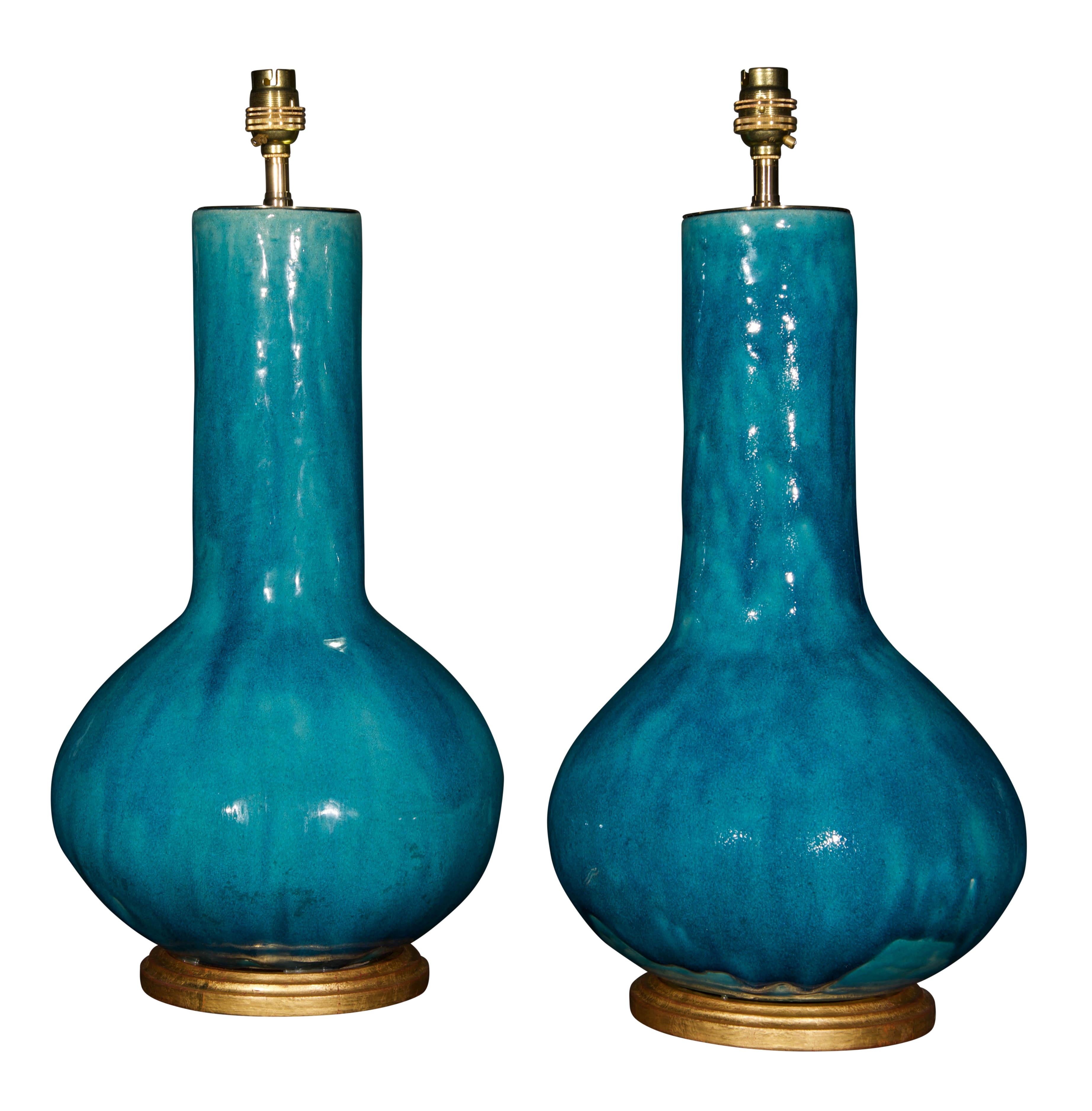Glazed Pair of French Early 20th Century Turquoise Glaze Porcelain Table Lamps