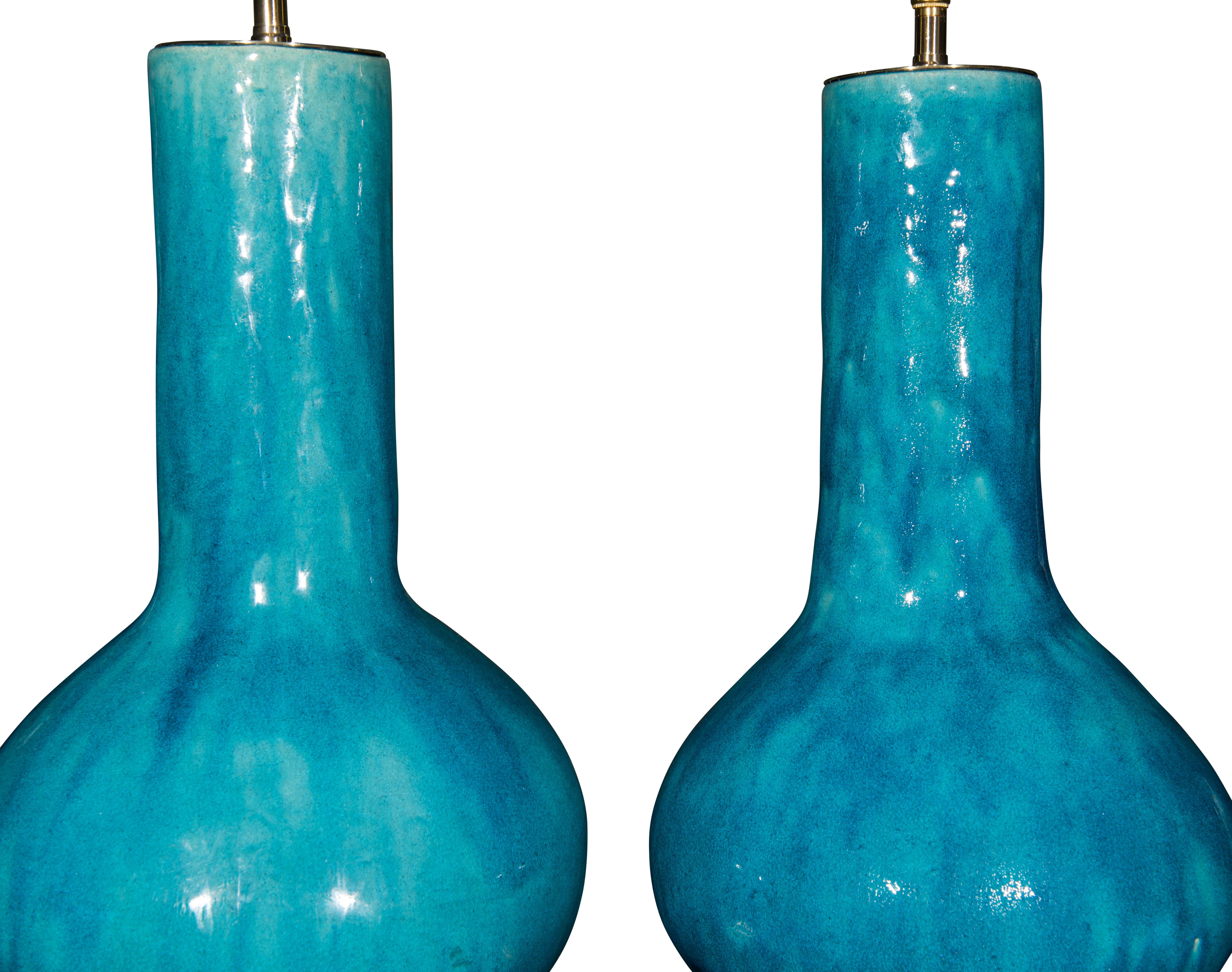 Pair of French Early 20th Century Turquoise Glaze Porcelain Table Lamps In Good Condition In London, GB