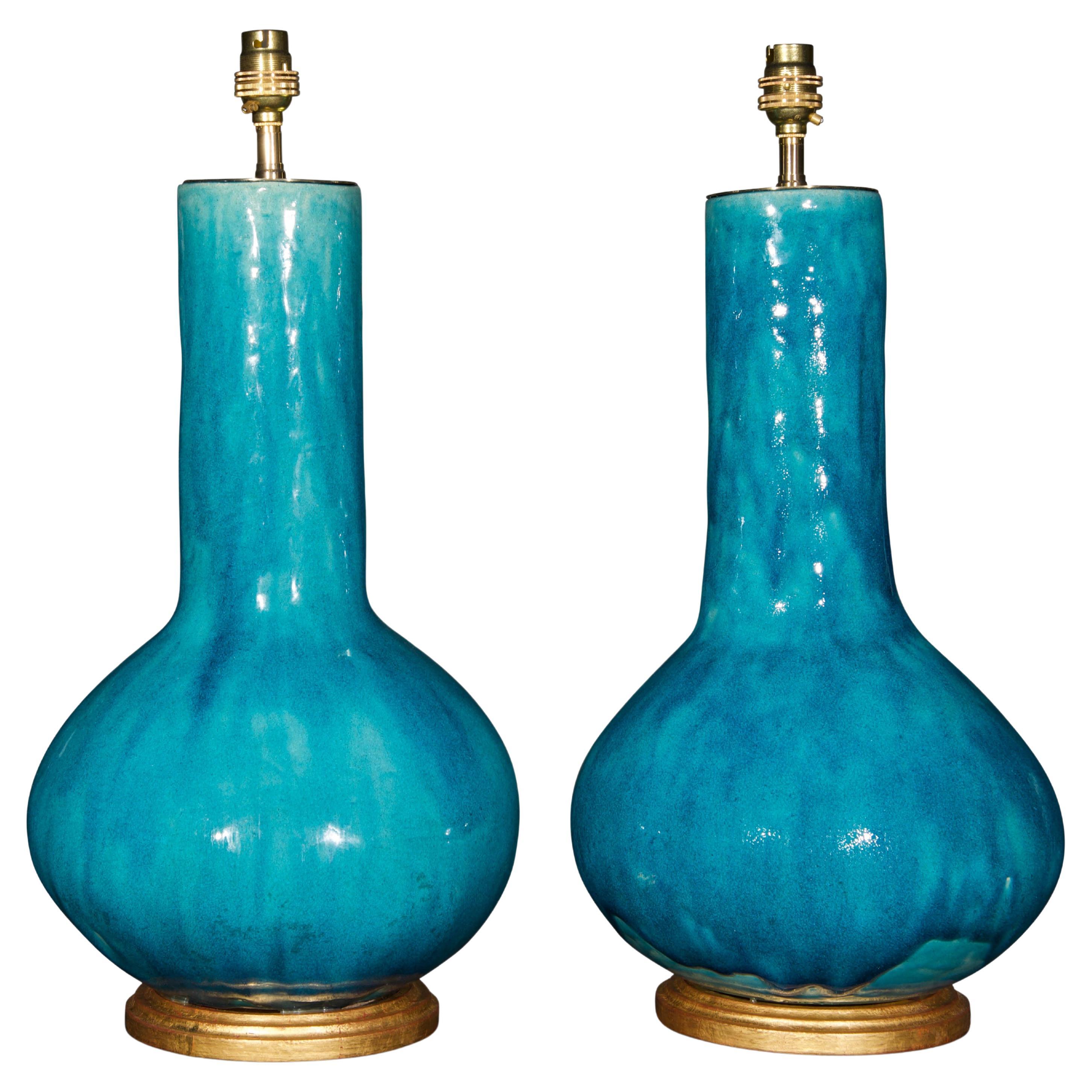 Pair of French Early 20th Century Turquoise Glaze Porcelain Table Lamps