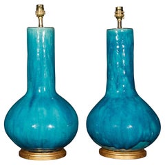 Pair of French Early 20th Century Turquoise Glaze Porcelain Table Lamps