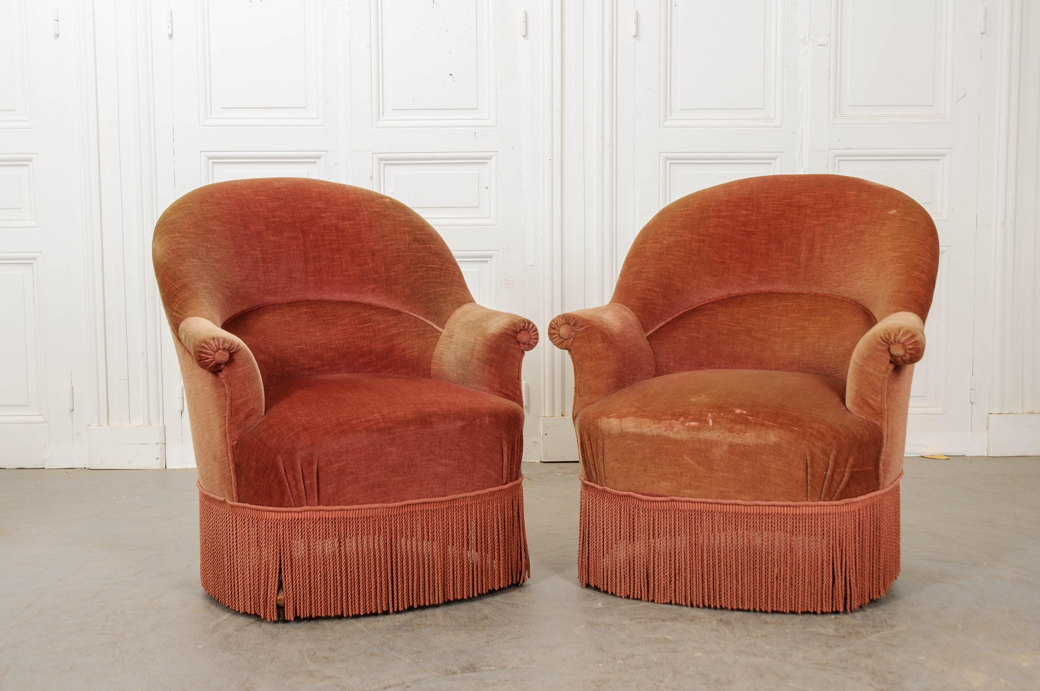 Velvet Pair of French Early 20th Century Upholstered Tub Chairs