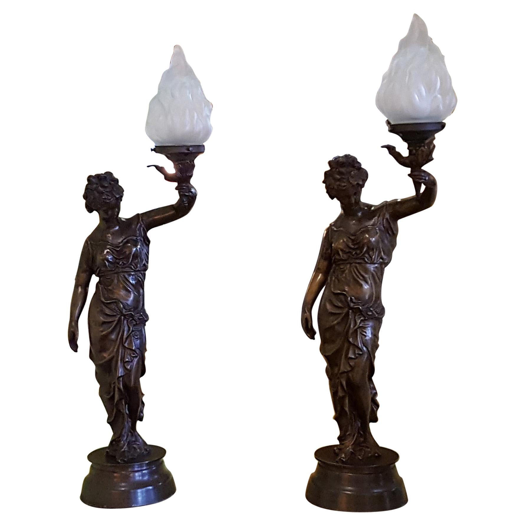 Pair of French Early 20th Century Bronze Figural Lights For Sale