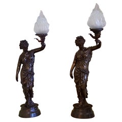 Pair of French Early 20th Century Bronze Figural Lights